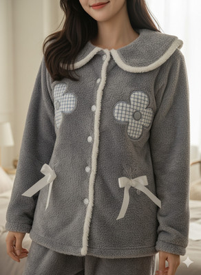 QUINTESSENTIALS Women Self Design Grey Night Suit Set