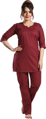 Fabme Women Printed Maroon Night Suit Set