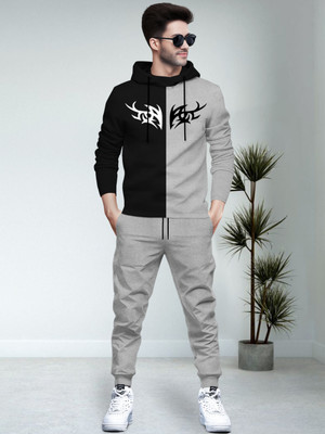 BLIVE Men Printed, Colorblock Black, Grey Night Suit Set