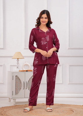 SUGANDH FEBRIC Women Printed Maroon Shirt & Pyjama set
