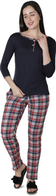 LABEL MY Women Self Design Dark Blue, Red Top & Pyjama Set