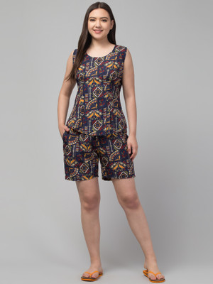 wintenhet Women Printed Dark Blue Top & Shorts Set