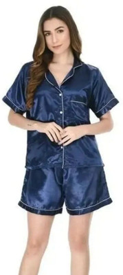 Vd hub Women Solid Dark Blue Night Suit Set