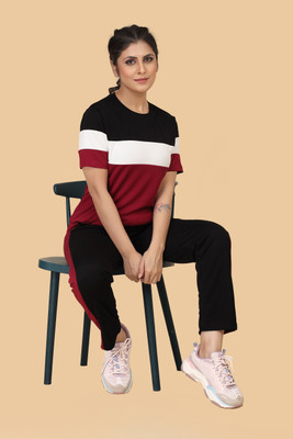 SAKARMAA Women Colorblock Black, Maroon Top & Pyjama Set