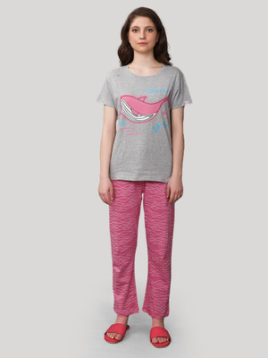 Evolove Women Printed Grey, Pink Top & Pyjama Set