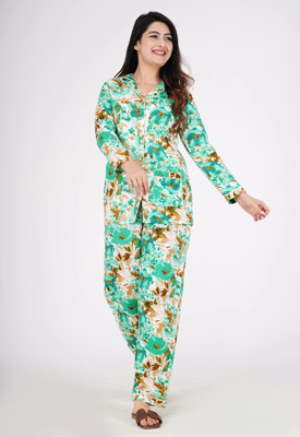 MintMarie Women Printed Light Green Night Suit Set