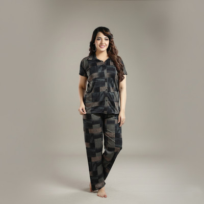 Sleepify Women Checkered, Printed Brown Night Suit Set