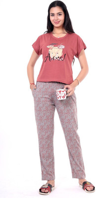 Clint Women Solid Pink Night Suit Set