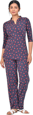 Digsel Cool Cotton Women Printed Dark Blue Top & Pyjama Set