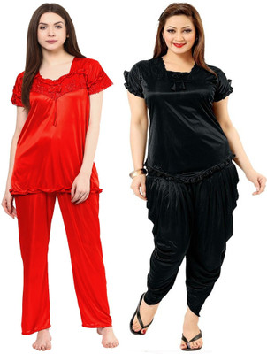 ROWENA Women Self Design Red, Black Top & Pyjama Set