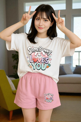 Elvia Women Printed Pink Top & Shorts Set
