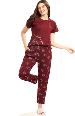 AV2 Women Animal Print Maroon Top & Pyjama Set