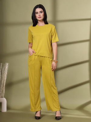 CHKOKKO Women Solid Green Top & Pyjama Set