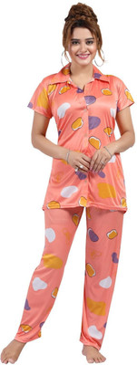 h r creation Women Printed Orange Shirt & Pyjama set