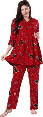 AV2 Women Floral Print Red Top & Pyjama Set
