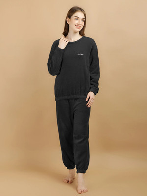 Lugo Women Solid Black Night Suit Set