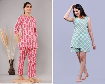 hustle bustle Women Printed Pink, Blue Top & Pyjama Set