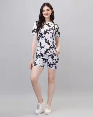 Tryviz Women Printed Black, White Night Suit Set