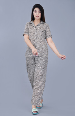 TREND ME Women Printed Beige Shirt & Pyjama set