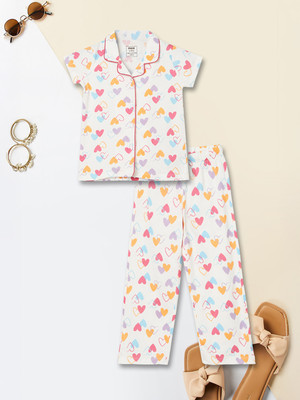 MAX Girls Printed White Top & Pyjama Set