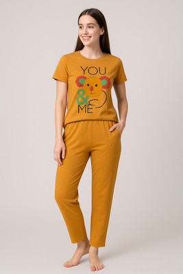 KP BROS Women Printed Brown Top & Pyjama Set