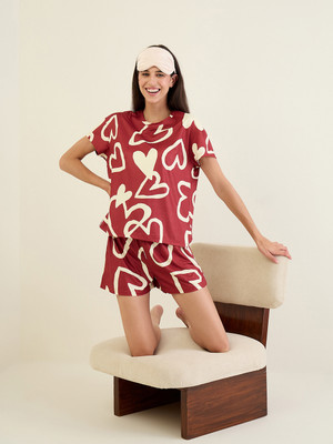 SWEET DREAMS Women Printed Maroon Top & Shorts Set