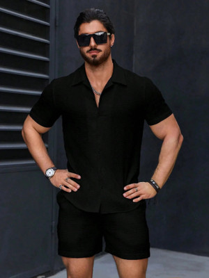 JNV FASHION Men Self Design Black Top & Shorts Set