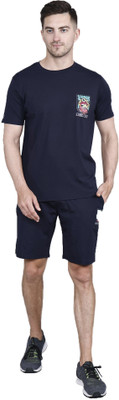 HouseOfCommon Men Solid Dark Blue Top & Shorts Set