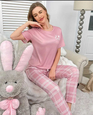 COZY NIGHTDRESS Women Printed, Checkered Pink, White Top & Pyjama Set