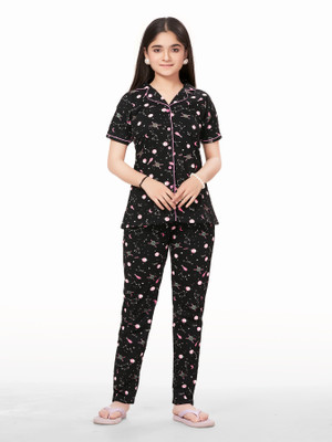 Blackballe Kids Nightwear Girls Printed Cotton(Black Pack of 1)