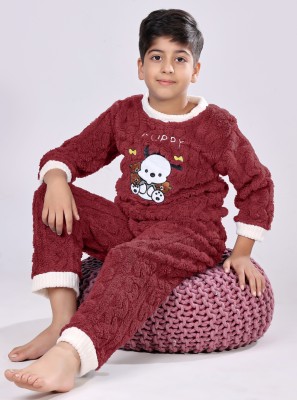 Lugo Boys & Girls Self Design Maroon Night Suit Set