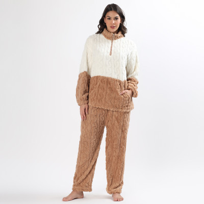 PQN PARTY QUEEN Women Self Design White, Brown Night Suit Set