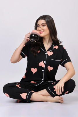 Lugo Women Printed Black Night Suit Set