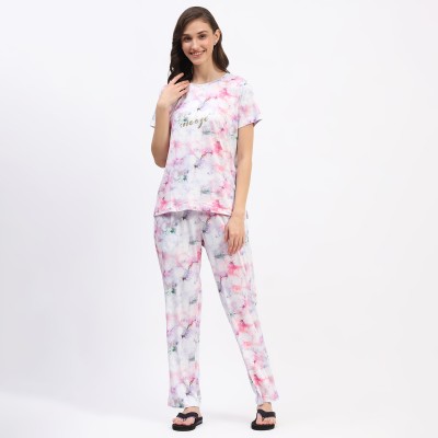 MADAME M SECRET Women Printed Pink Night Suit Set