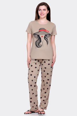 ETC Women Printed Beige Top & Pyjama Set