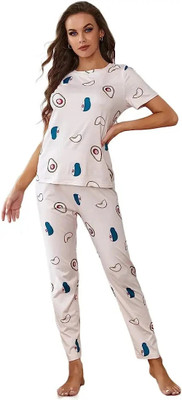 BROOFEE Women Printed White Top & Pyjama Set