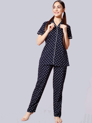 Fit N Fame Women Printed Blue Shirt & Pyjama set