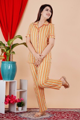 ALECIA FASTION Women Printed Orange Shirt & Pyjama set