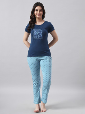 Sweettouch Women Printed Light Blue Top & Pyjama Set