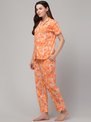 DIAMOND RUBY Women Floral Print Orange Shirt & Pyjama set