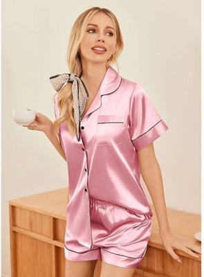 Vd hub Women Solid Pink Night Suit Set