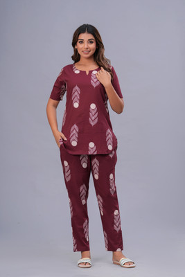 DAMMODE Women Floral Print Maroon Top & Pyjama Set