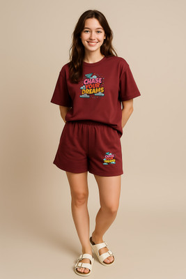 My Swag Women Printed Maroon Top & Shorts Set
