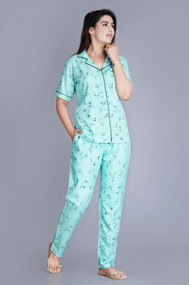PRADHRUHE Women Printed Light Blue Shirt & Pyjama set