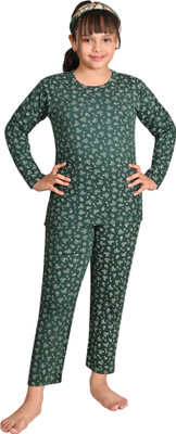 IndiWeaves Girls Printed Green Night Suit Set