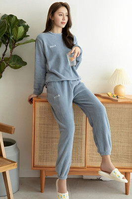 PKF Women Solid Blue Night Suit Set
