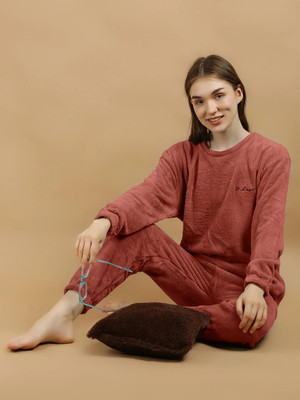 Lugo Women Solid Red Night Suit Set