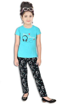 Indhrani Creation Girls Printed Blue Top & Pyjama Set