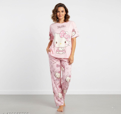 COZY NIGHTDRESS Women Printed Pink Night Suit Set