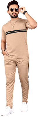 NISPRUH Men Solid Beige Night Suit Set